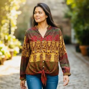 Figueroa & Flower Boho Blouse Top Red Gold Green Womens Size L
